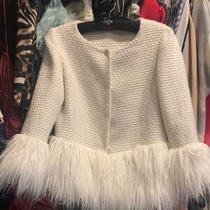 Elegant White Sweater with Feather Trim